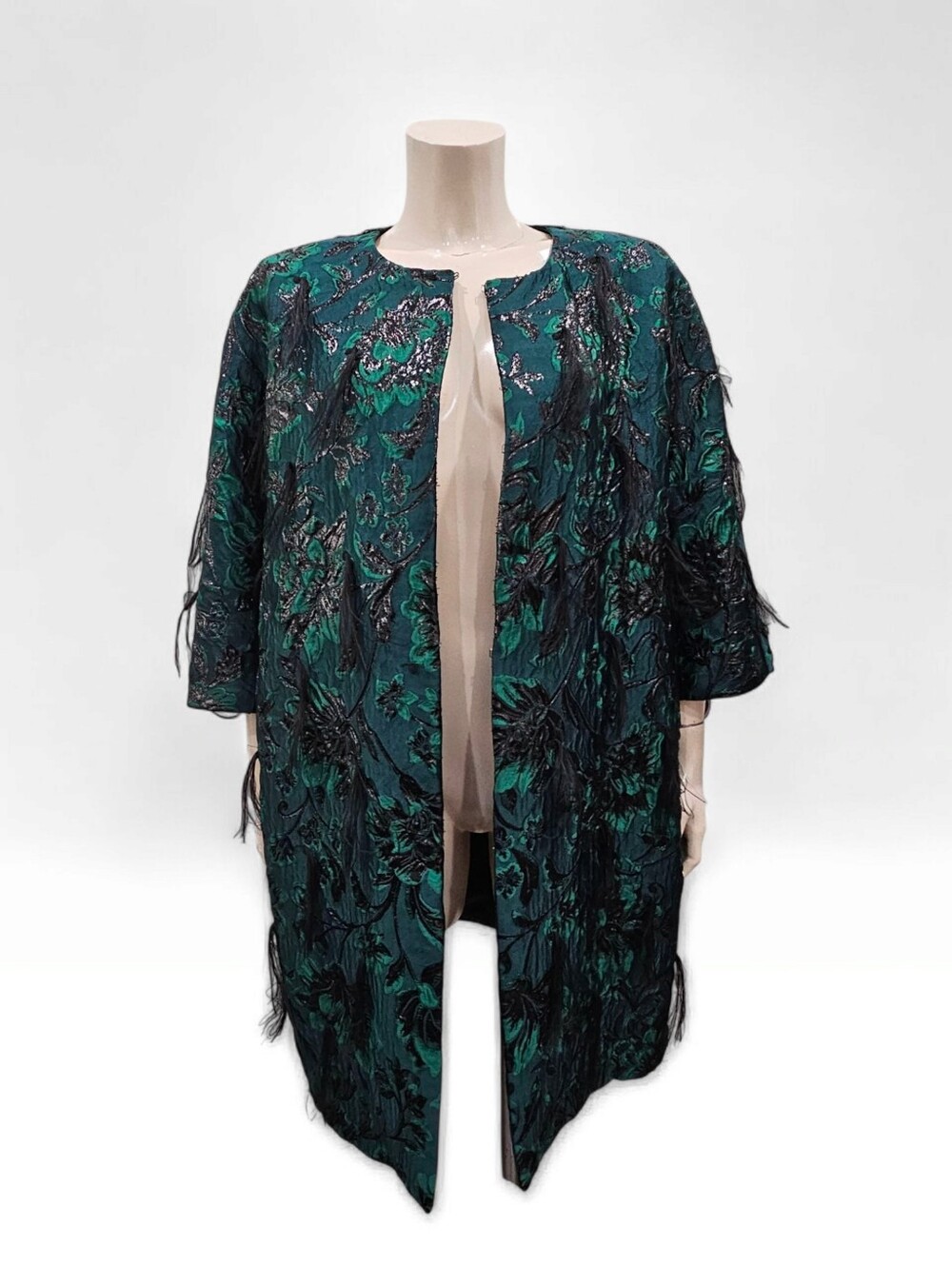 Nwt MARINA RINALDI Nicosia Green Black Jacquard Feather Trim Coat US 14